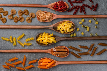 Different pasta types in wooden spoons on the table. Top view.
