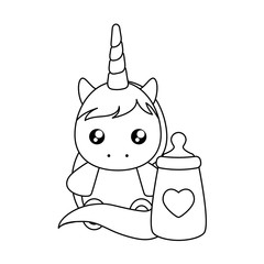 cute little unicorn with milk bottle baby
