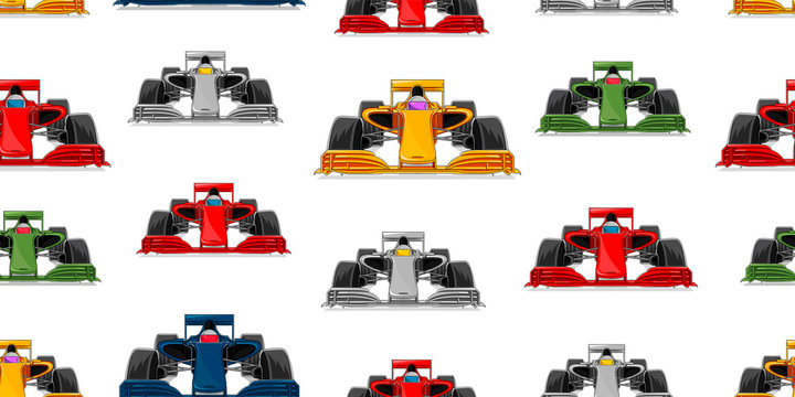 Sport car seamless pattern, modern racing cars front view repeated illustration in different colours, fabric or package backdrop