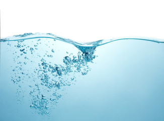 blue water with air bubbles underwater isolated on white background