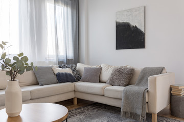 Beige comfortable corner sofa with grey pillows in elegant living room interior with white wall
