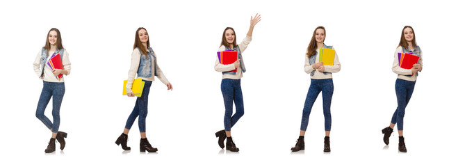 Pretty student holding textbooks isolated on white