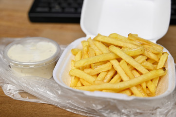 Plastic bowl with French fries and tartar sauce.