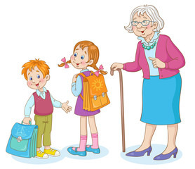 Stylish grandmother escorts children to school. In cartoon style. Isolated on white background