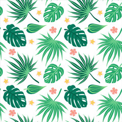 Vector seamless pattern with tropical leaves. Exotic plants: hibiscus, monstera, banana, palm, frangipani. Perfect for background, Wallpaper, textile and wrapping paper. hand-drawn flat illustration