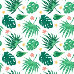 Tuinposter Vector seamless pattern with tropical leaves. Exotic plants: hibiscus, monstera, banana, palm, frangipani. Perfect for background, Wallpaper, textile and wrapping paper. hand-drawn flat illustration © Anastasiia Trembach