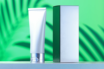 Cosmetic tube for liquid, cream, gel, lotion with white cardboard box. 3d rendering.