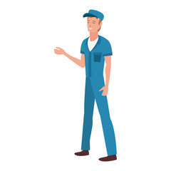 worker cleaning man in uniform and cap