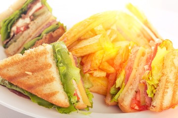 Fresh tasty sandwiches on white plate