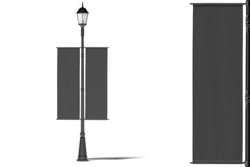 Blank black roll up mockup. Empty poster template on lamppost on white background. Street sign, signage, 3d rendering.