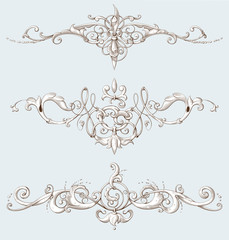 Set of vintage decorative elements with Baroque ornament. Engraving style