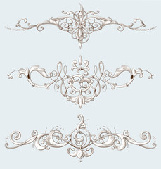 Set of vintage decorative elements with Baroque ornament. Engraving style