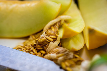 Cut into slices melon and its seeds