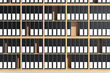 Wooden shelves with blank folders with labels for copy space. 3d rendering.