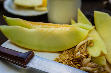 Cut into slices melon and its seeds