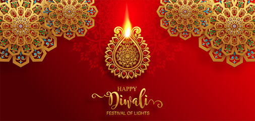 Diwali, Deepavali or Dipavali the festival of lights india with gold diya patterned and crystals on paper color Background.