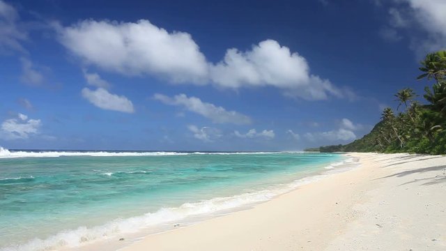 Tropical beach with palm trees and waves in ocean, Guam, USA