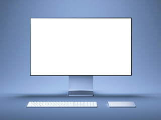 Realistic pc with big white blank monitor, keyboard and computer mouse. 3d rendering.