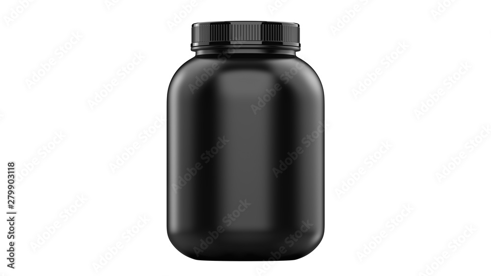 Wall mural Super realistic 3d illustration sport nutrition container without label. Whey protein and mass gainer black plastic jar isolated on white background