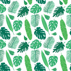 Vector seamless pattern with tropical leaves. Exotic plants:monstera, banana, palm. Perfect for background, Wallpaper, textile and wrapping paper. hand-drawn flat illustration