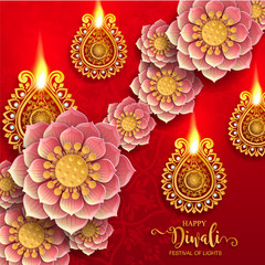 Fototapeta na wymiar Diwali, Deepavali or Dipavali the festival of lights india with gold diya patterned and crystals on paper color Background.
