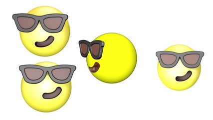 3D animation of a grinning, revolving and jumping yellow emoji.