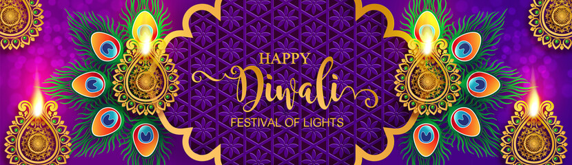 Diwali, Deepavali or Dipavali the festival of lights india with gold diya patterned and crystals on paper color Background.