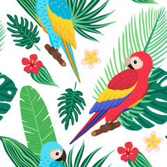 seamless vector pattern with tropical plant leaves and exotic birds. Banana, monstera, palm, hibiscus, frangipani, macaw parrot. Illustration in the style of hand drawn flat. Suitable for background 