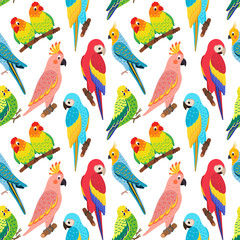 seamless vector pattern with exotic birds.  Tropical parrots: lovebirds, cockatoos, budgie, macaw. Illustration in the style of hand drawn flat. Suitable for Wallpaper, backgrounds, textiles