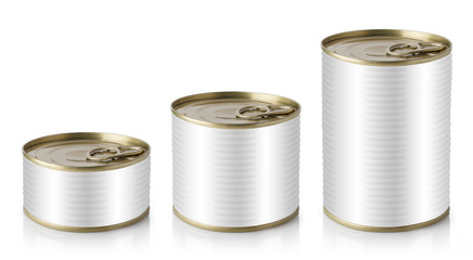 Set of metal tin cans, isolated on white background