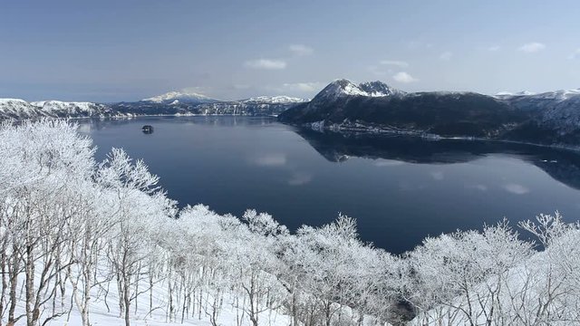 Lake Mashu, Mount Shari and Mount Mashu in winter, Japan