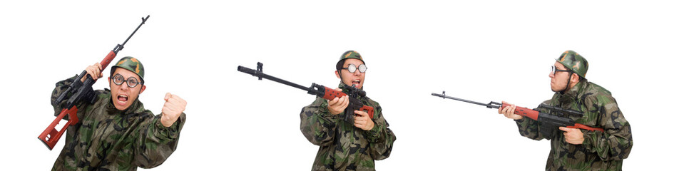 Military man with a gun isolated on white
