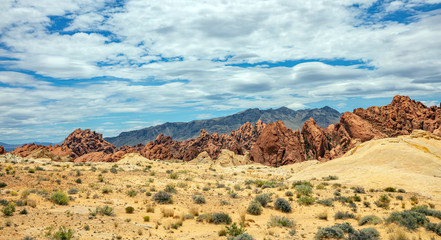 Valley of fire state park, Nevada USA. Red sandstone formations, blue sky with clouds