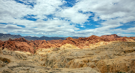 Valley of fire state park, Nevada USA. Red sandstone formations, blue sky with clouds