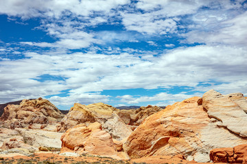 Fototapeta na wymiar Valley of fire state park, Nevada USA. Red sandstone formations, blue sky with clouds