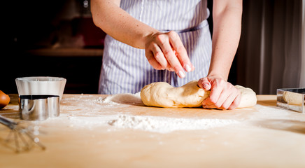 Female hands making dough on wooden table