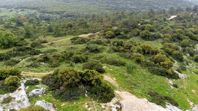 The ruins of the late Hellenic Jewish settlement Hurvat Sumak on Mount Carmel, Israel. View from the drone.