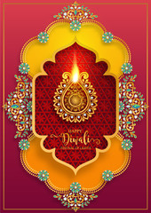 Diwali, Deepavali or Dipavali the festival of lights india with gold diya patterned and crystals on paper color Background.