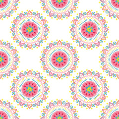 Colorful folk mandala pattern. Seamless ethnic background with abstract flowers