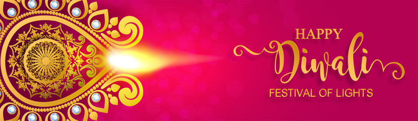 Diwali, Deepavali or Dipavali the festival of lights india with gold diya patterned and crystals on paper color Background.