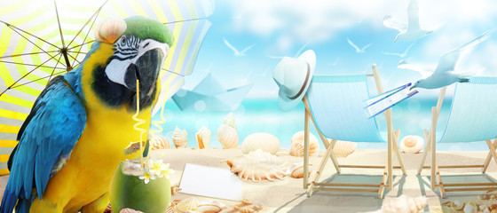 Papagei mit Cocktail im Urlaub am Strand