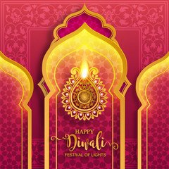 Diwali, Deepavali or Dipavali the festival of lights india with gold diya patterned and crystals on paper color Background.