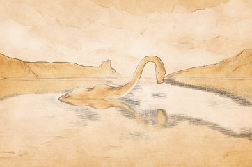 The Loch ness monster looks at his reflection in the water.