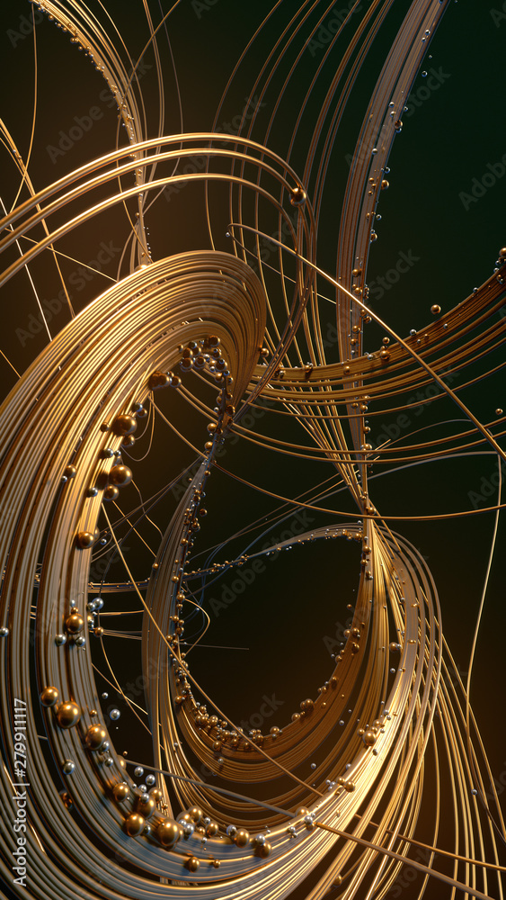 Poster abstract 3d rendering gold jewelry with shiny shapes beads on a dark background