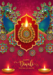 Diwali, Deepavali or Dipavali the festival of lights india with gold diya patterned and crystals on paper color Background.