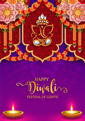 Diwali, Deepavali or Dipavali the festival of lights india with gold diya patterned and crystals on paper color Background.