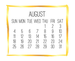 August year 2019 monthly golden calendar