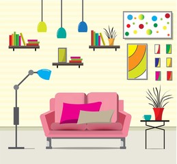 The living room with furniture.There are many things such as books,cabinet, windows,lamps,small trees,sofa, the wall room.The consists of pictures.Flat style vector illustration.