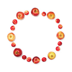 Many different size apples in the shape of circle isolated on white background, top view
