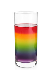 Tasty layered jelly dessert in glass on white background